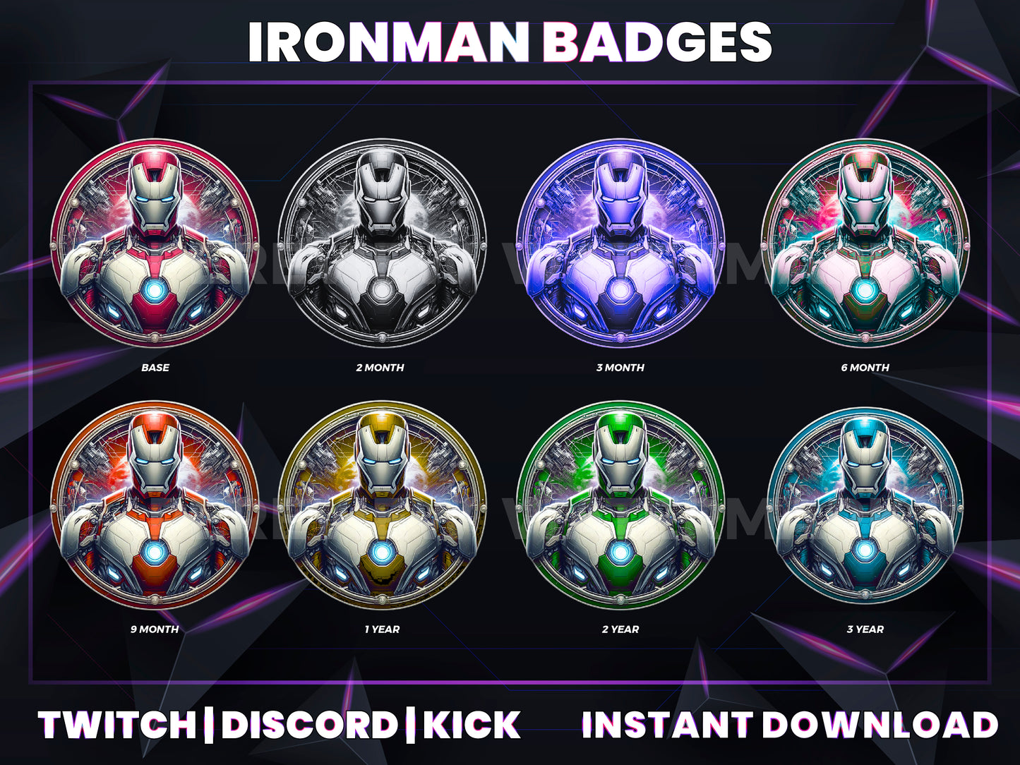 Iron Saga Subscriber Badge Pack – Futuristic Twitch/Discord Icons (Base to 3 Years)