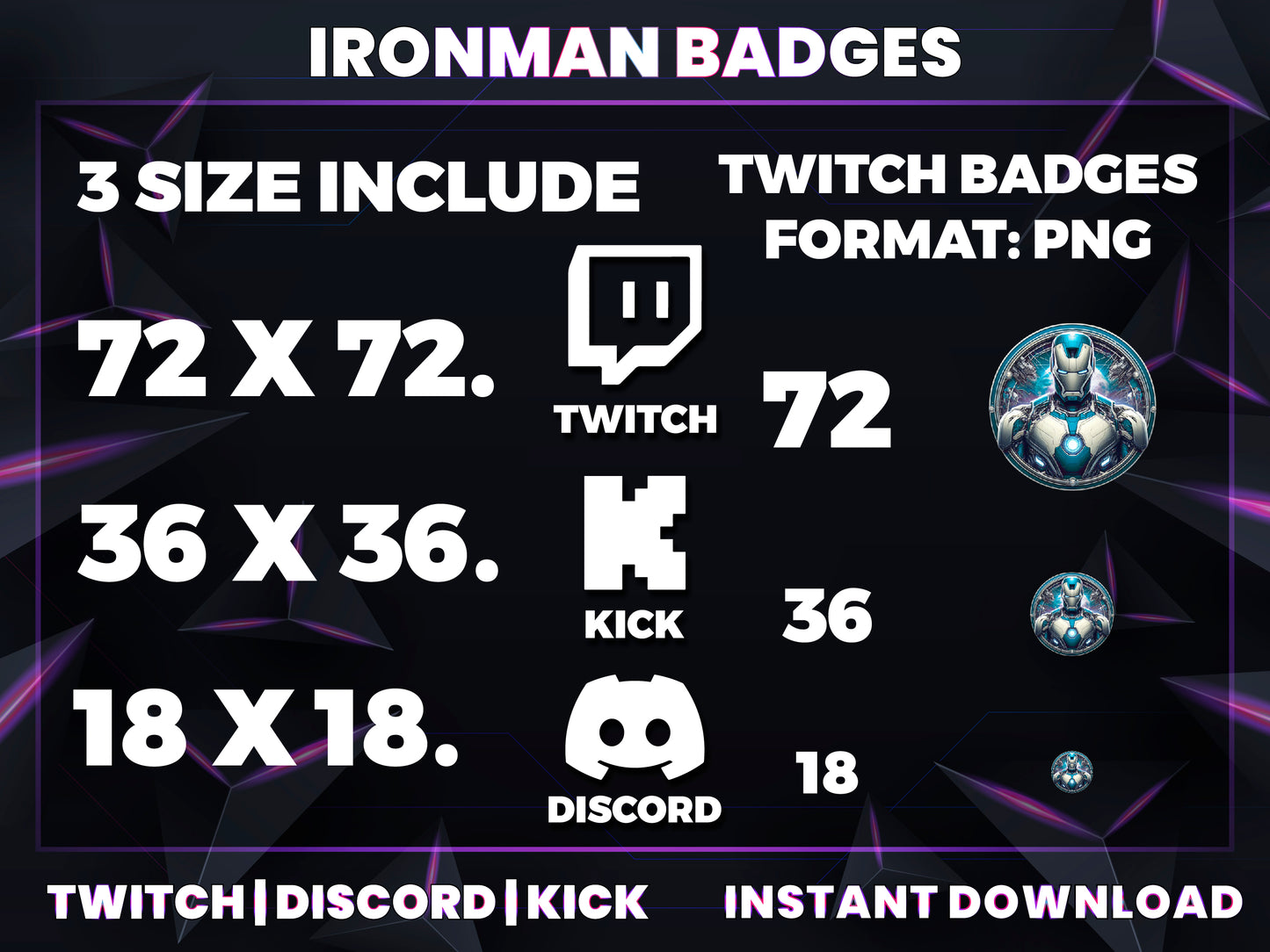 Iron Saga Subscriber Badge Pack – Futuristic Twitch/Discord Icons (Base to 3 Years)