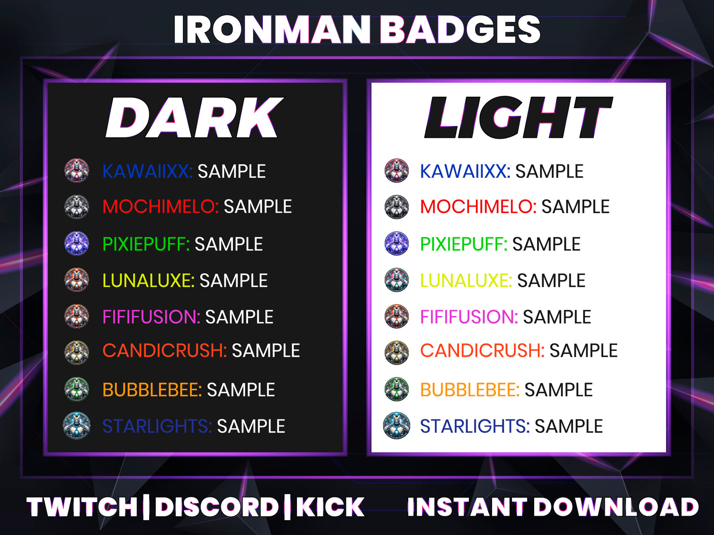 Iron Saga Subscriber Badge Pack – Futuristic Twitch/Discord Icons (Base to 3 Years)