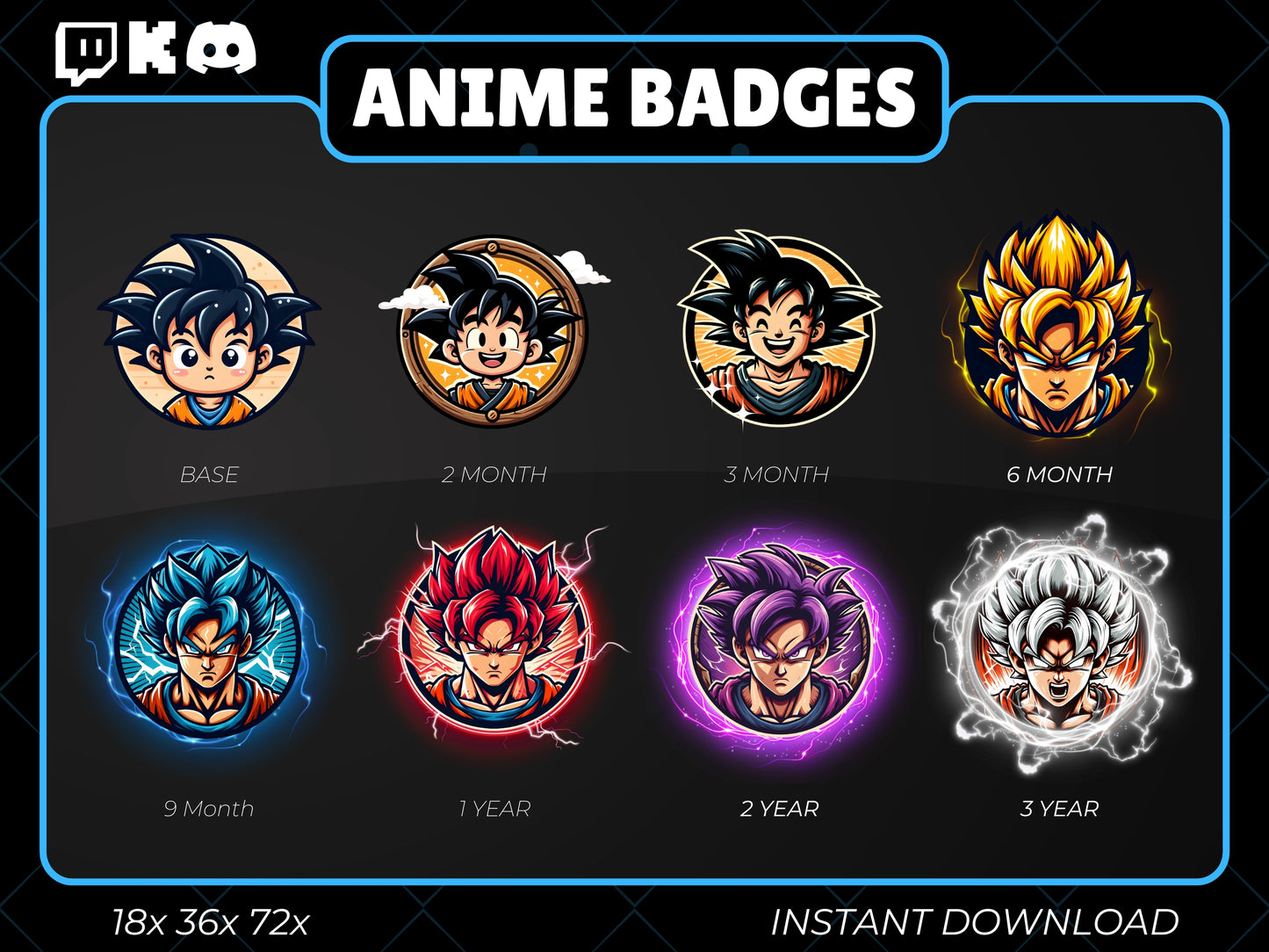 Goku Badges Base to 3 Year | Anime Twitch, YouTube & Discord Sub Badges Progression Set