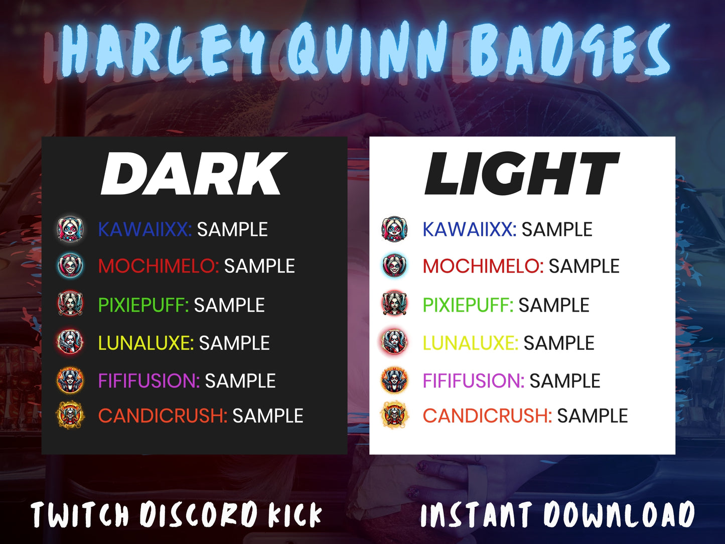 Harley Quinn Badge Pack – Twitch/Discord Sub Icons (Base to 1 Year)