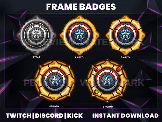 Captain Shield Badge Pack – Heroic Twitch/Discord Sub Icons (Base to 9 Months)