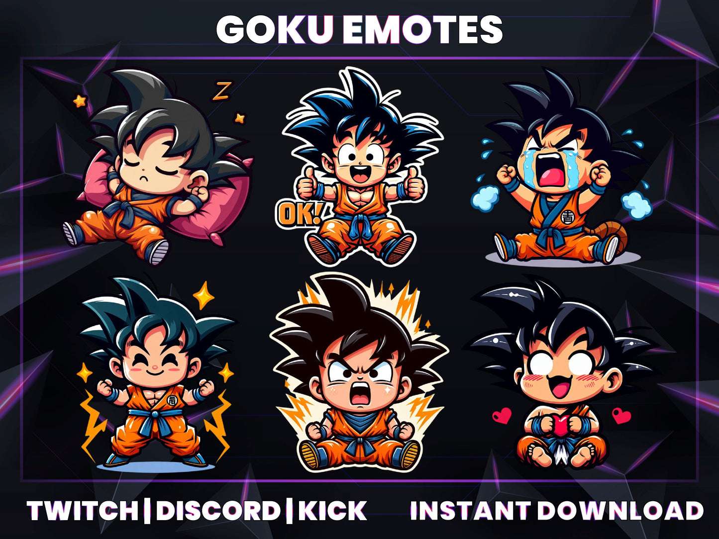 Goku 6 Emotes Pack – Dragon Ball Anime Inspired | Twitch, Discord & YouTube Emotes (28/56/112 px) – Digital Download