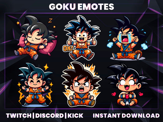 Goku 6 Emotes Pack – Dragon Ball Anime Inspired | Twitch, Discord & YouTube Emotes (28/56/112 px) – Digital Download