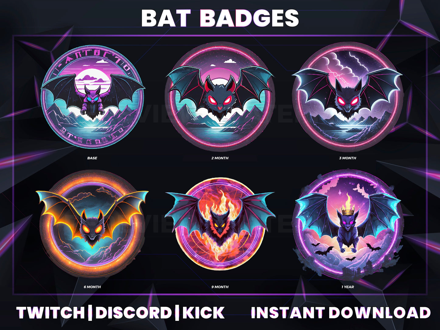 Bat Evolution Sub Badges | Base to 1 Year Loyalty Badge Set for Twitch, Kick & Discord
