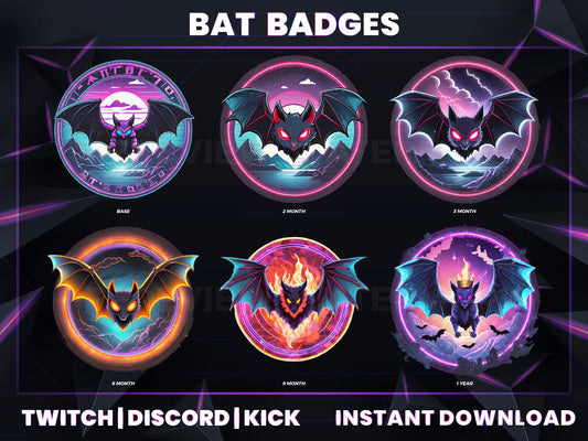 Bat Evolution Sub Badges | Base to 1 Year Loyalty Badge Set for Twitch, Kick & Discord