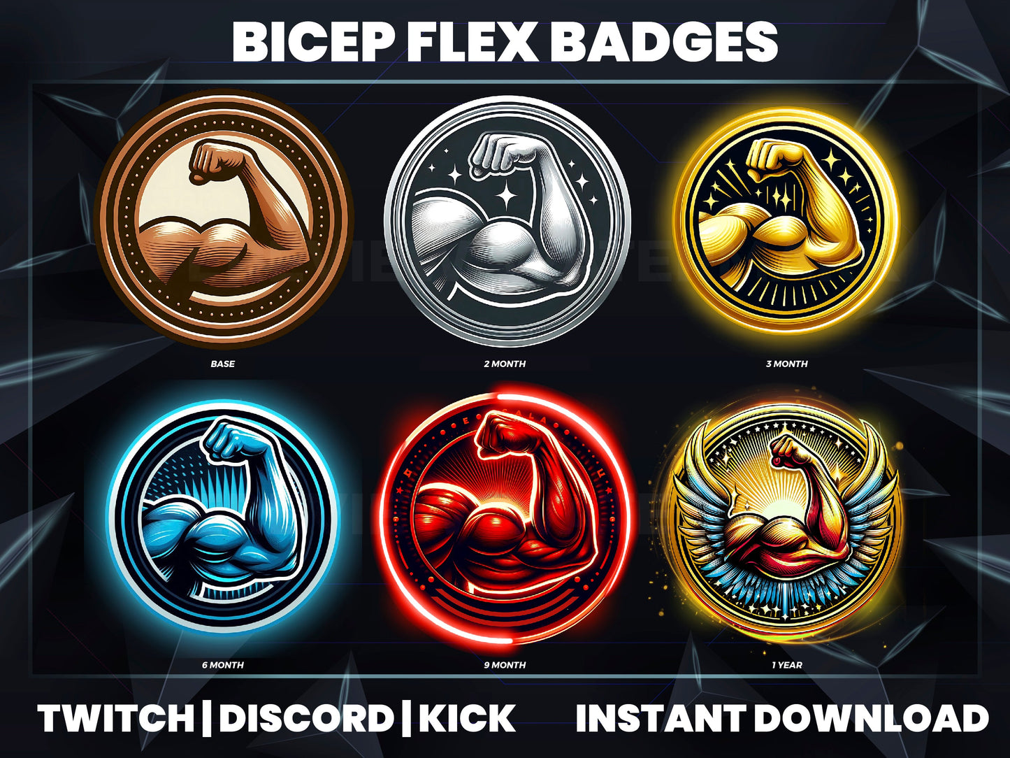 Bicep Flex Sub Badges | Base to 1 Year Gym & Strength-Themed Loyalty Badge Set for Streamers