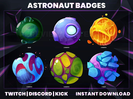 Astronaut Sub Badges | Base to 1 Year Space-Themed Loyalty Badge Set for Streamers