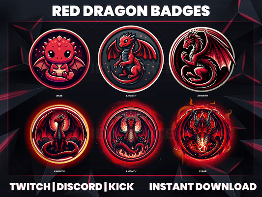 Red Dragon Badges Base to 1 Year | Fantasy Twitch, YouTube & Discord Sub Badges Progression