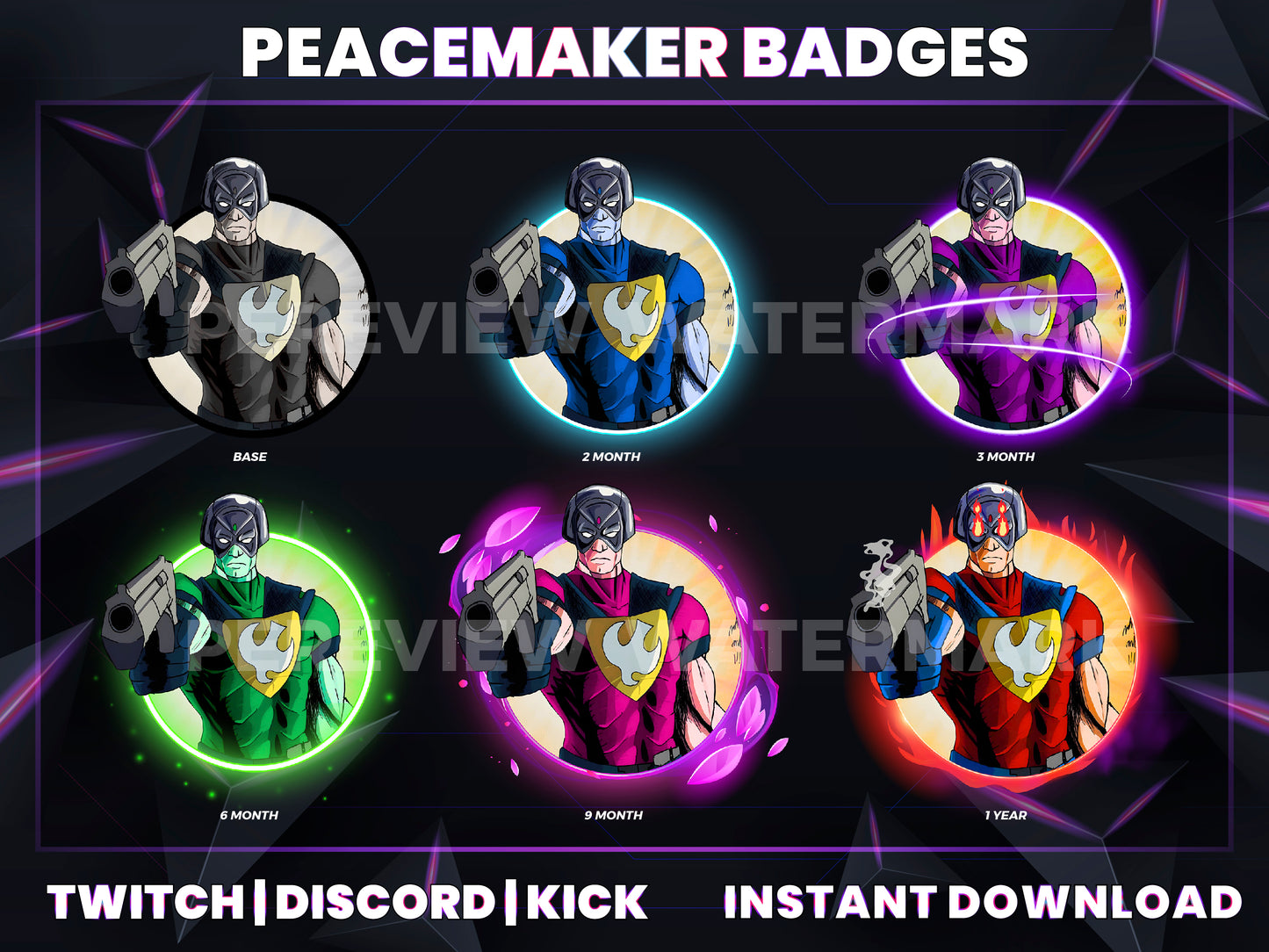 Peacemaker Twitch Sub Badges | Base to 1 Year DC Superhero-Inspired Loyalty Badge Pack