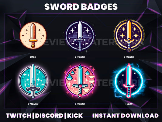 Sword Evolution Twitch Sub Badges | Base to 1 Year Weapon-Themed Loyalty Badge Pack for Streamers