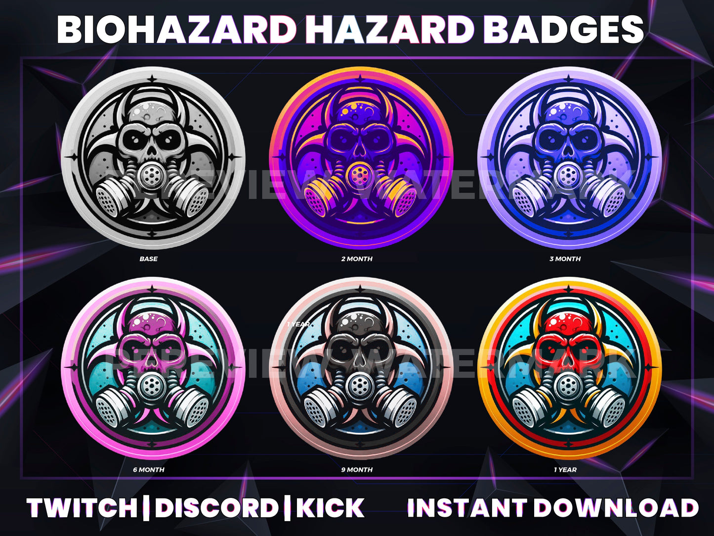 Biohazard Twitch Sub Badges | Base to 1 Year Hazard-Themed Loyalty Badge Pack (Toxic/Apocalypse Style)