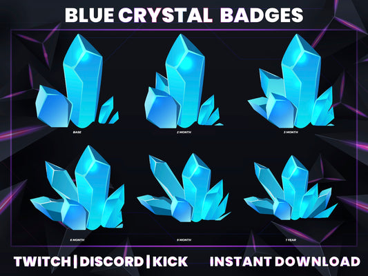 Blue Crystal Sub Badges | Base to 1 Year Fantasy & Element-Themed Loyalty Badge Set for Streamers