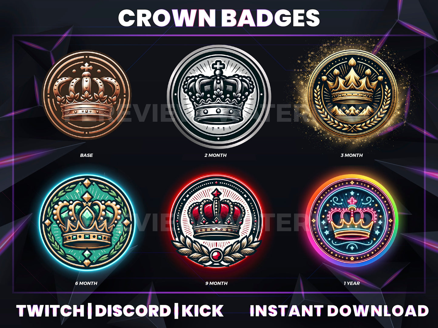 Crown Badge Pack – Royal Twitch/Discord Sub Icons (Base to 1 Year)
