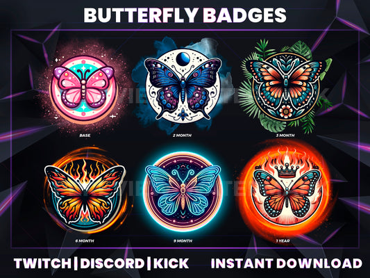 Butterfly Badge Pack – Elegant Twitch/Discord Sub Icons (Base to 1 Year)