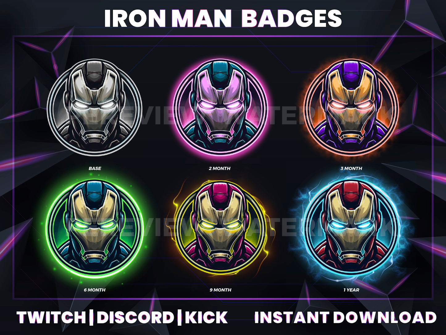Iron Man color Badge Pack – Marvel Twitch/Discord Sub Icons (Base to 1 Year)