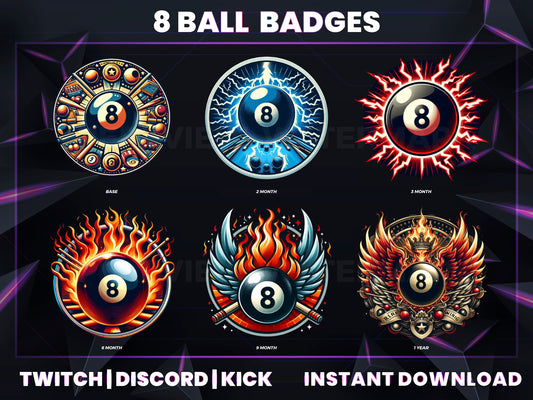8 Ball Evolution Twitch Sub Badges | Base to 1 Year Pool & Game-Themed Loyalty Badge Set