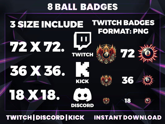 8 Ball Evolution Twitch Sub Badges | Base to 1 Year Pool & Game-Themed Loyalty Badge Set