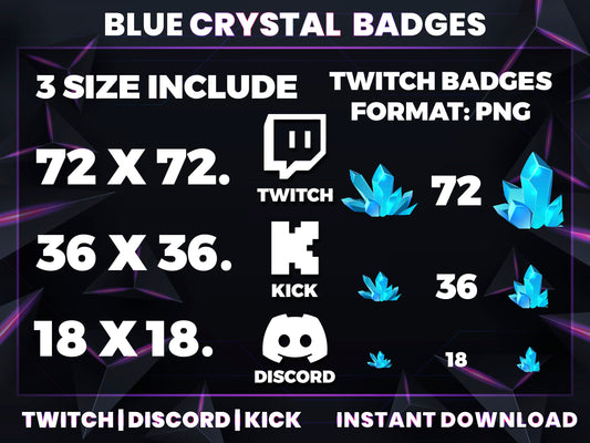 Blue Crystal Sub Badges | Base to 1 Year Fantasy & Element-Themed Loyalty Badge Set for Streamers