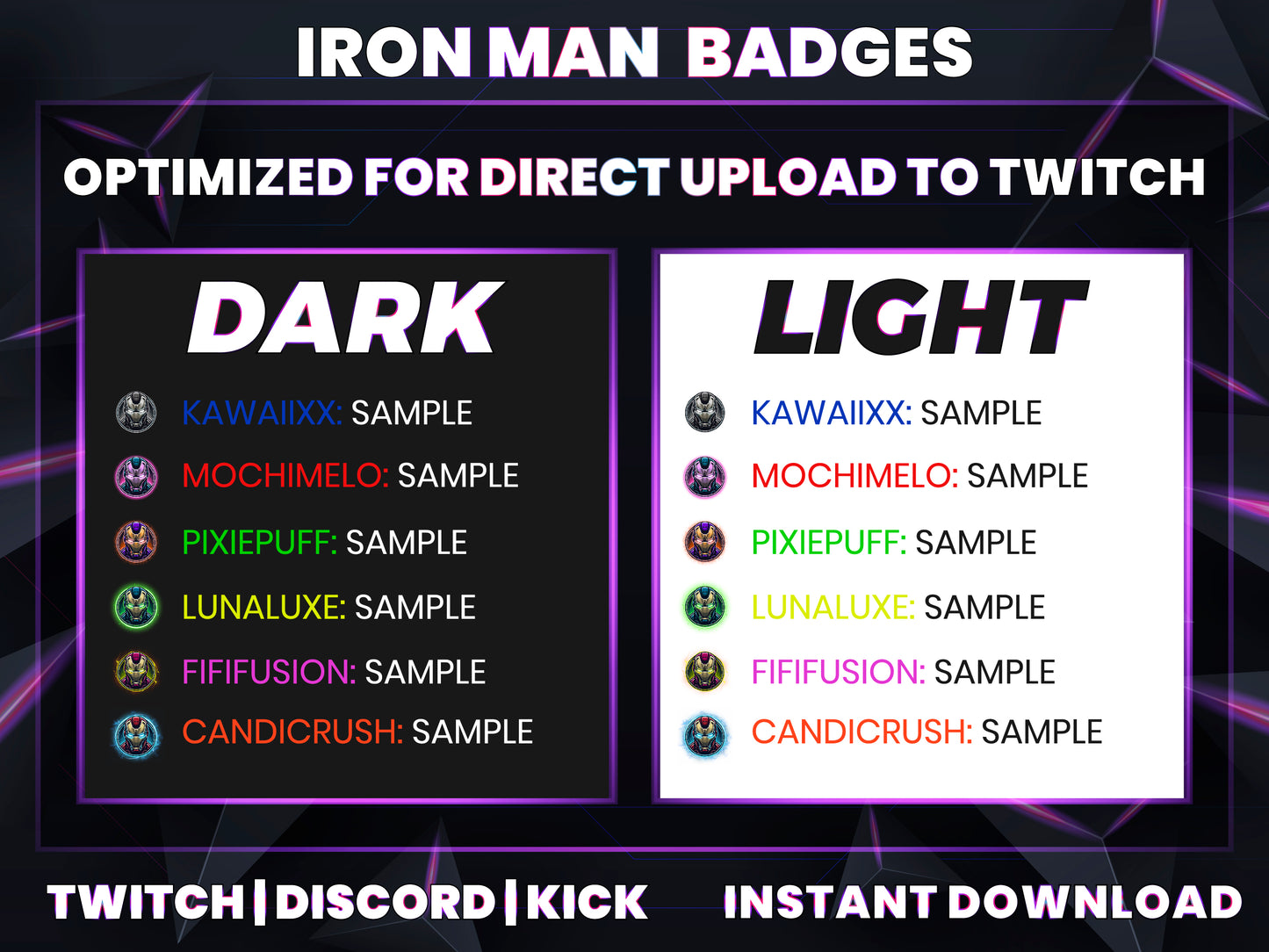 Iron Man color Badge Pack – Marvel Twitch/Discord Sub Icons (Base to 1 Year)