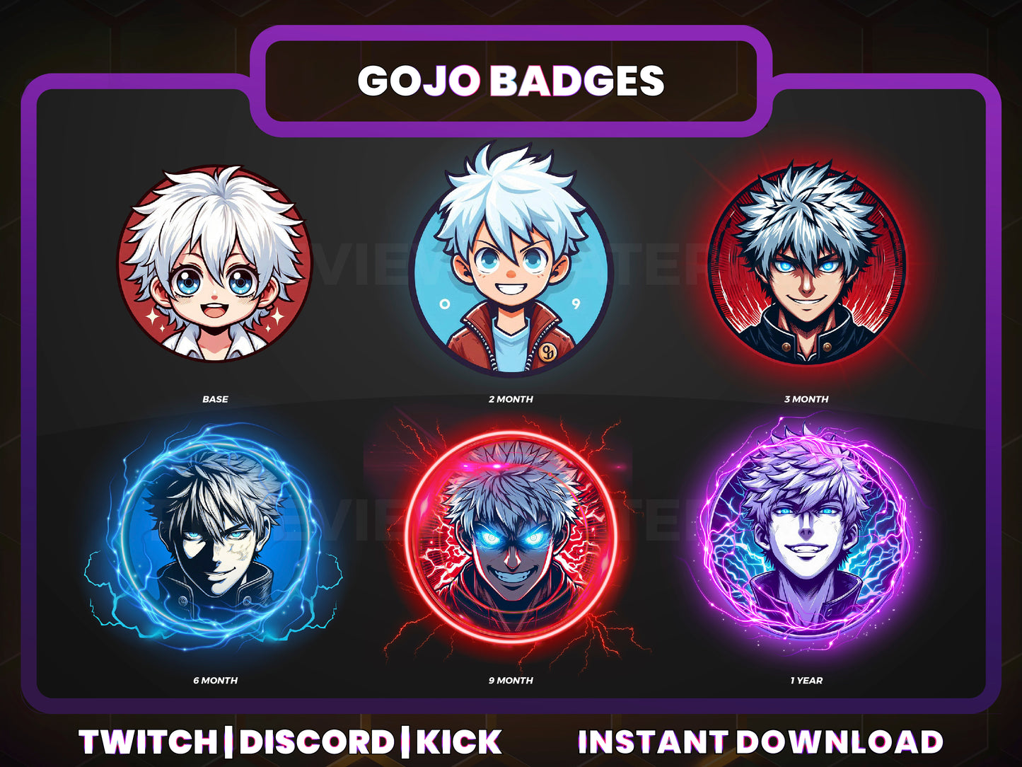 Gojo Satoru Loyalty Badges – Base to 1 Year Anime Twitch & Discord Icons