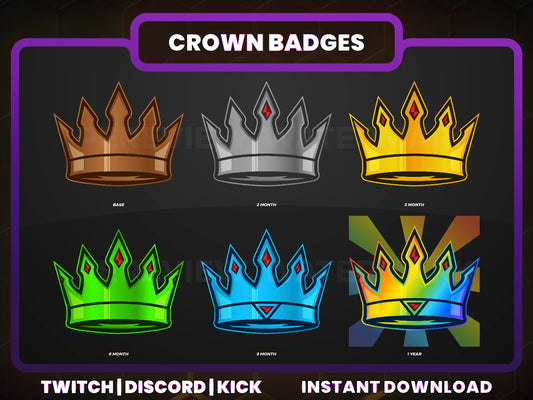Crown Color Badge Pack – Vibrant Royal Twitch/Discord Sub Icons (Base to 1 Year)