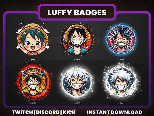 Luffy Sub Badges | One Piece Inspired Twitch Badges for Streamers (Base to 1 Year Evolution)