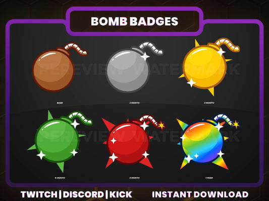 Bomb Color Badge Pack – Explosive Twitch/Discord Sub Icons (Base to 1 Year)