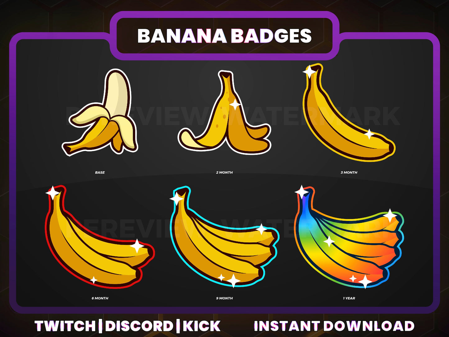 Banana Twitch Sub Badges | Base to 1 Year Funny & Food-Themed Streamer Badge Set