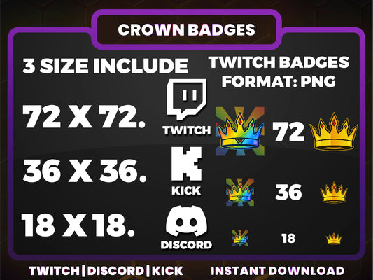 Crown Color Badge Pack – Vibrant Royal Twitch/Discord Sub Icons (Base to 1 Year)