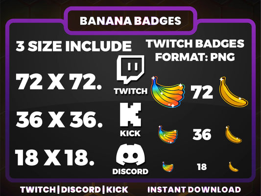Banana Twitch Sub Badges | Base to 1 Year Funny & Food-Themed Streamer Badge Set