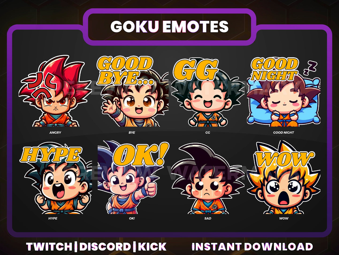 Goku Emotes Pack – 8 Dragon Ball Inspired Emotes for Twitch, Discord, YouTube (28/56/112 px) – Digital Download