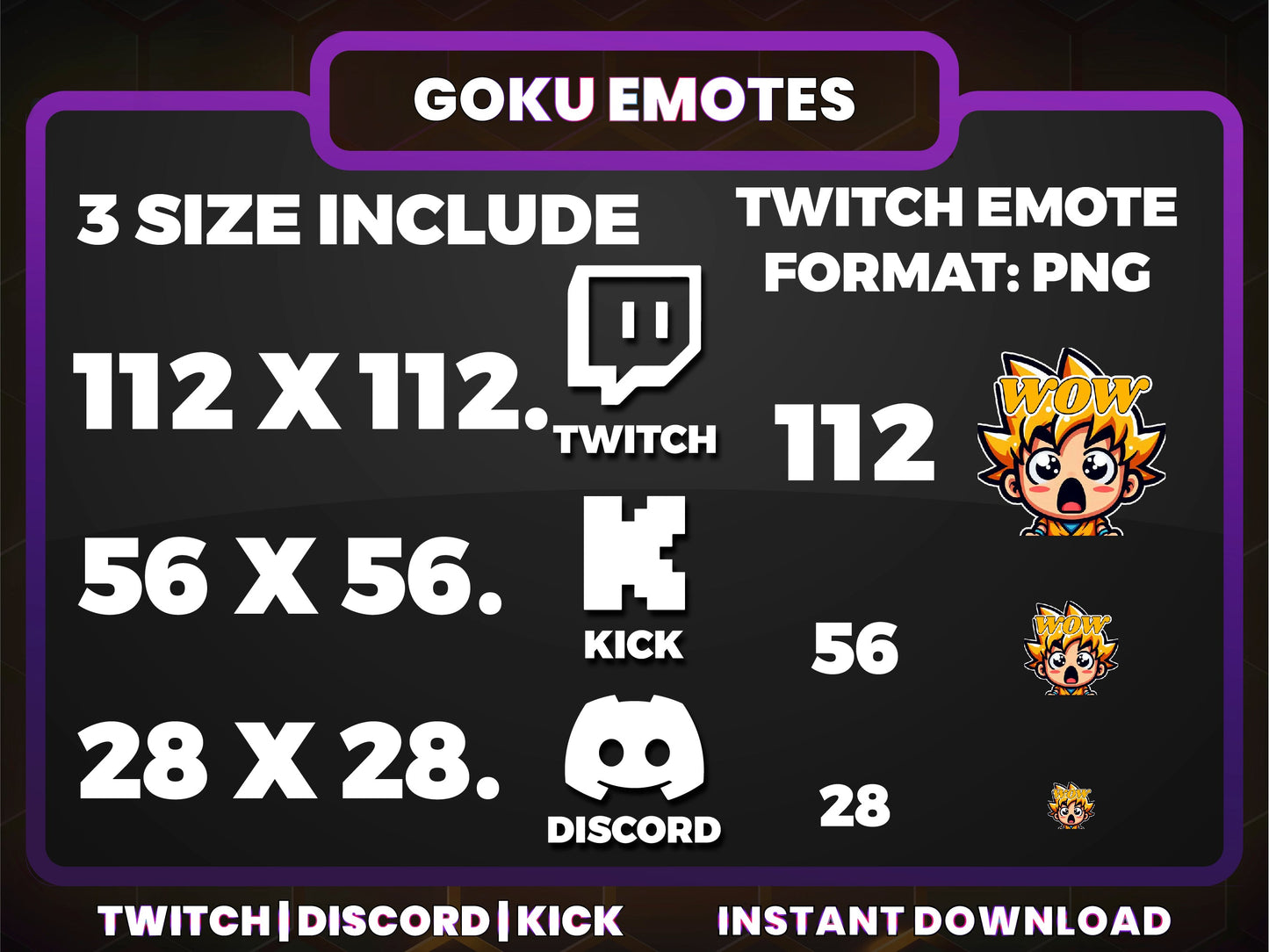 Goku Emotes Pack – 8 Dragon Ball Inspired Emotes for Twitch, Discord, YouTube (28/56/112 px) – Digital Download