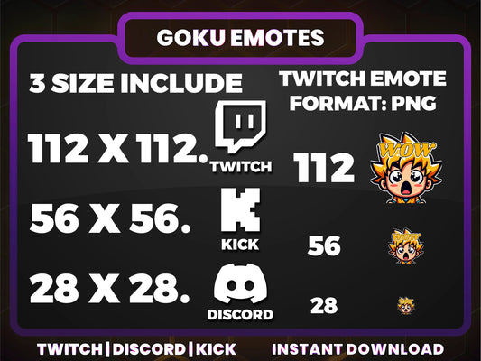 Goku Emotes Pack – 8 Dragon Ball Inspired Emotes for Twitch, Discord, YouTube (28/56/112 px) – Digital Download