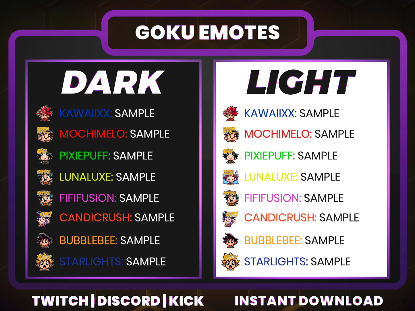 Goku Emotes Pack – 8 Dragon Ball Inspired Emotes for Twitch, Discord, YouTube (28/56/112 px) – Digital Download