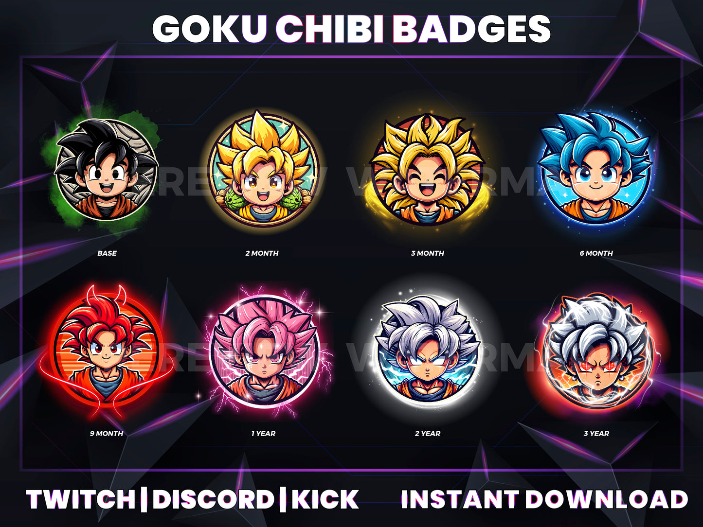 Mini Goku Power-Up Badges | Base to 3 Year Chibi Goku Sub Badges for Streamers (Dragon Ball Inspired)
