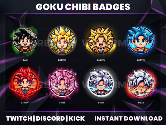 Mini Goku Power-Up Badges | Base to 3 Year Chibi Goku Sub Badges for Streamers (Dragon Ball Inspired)