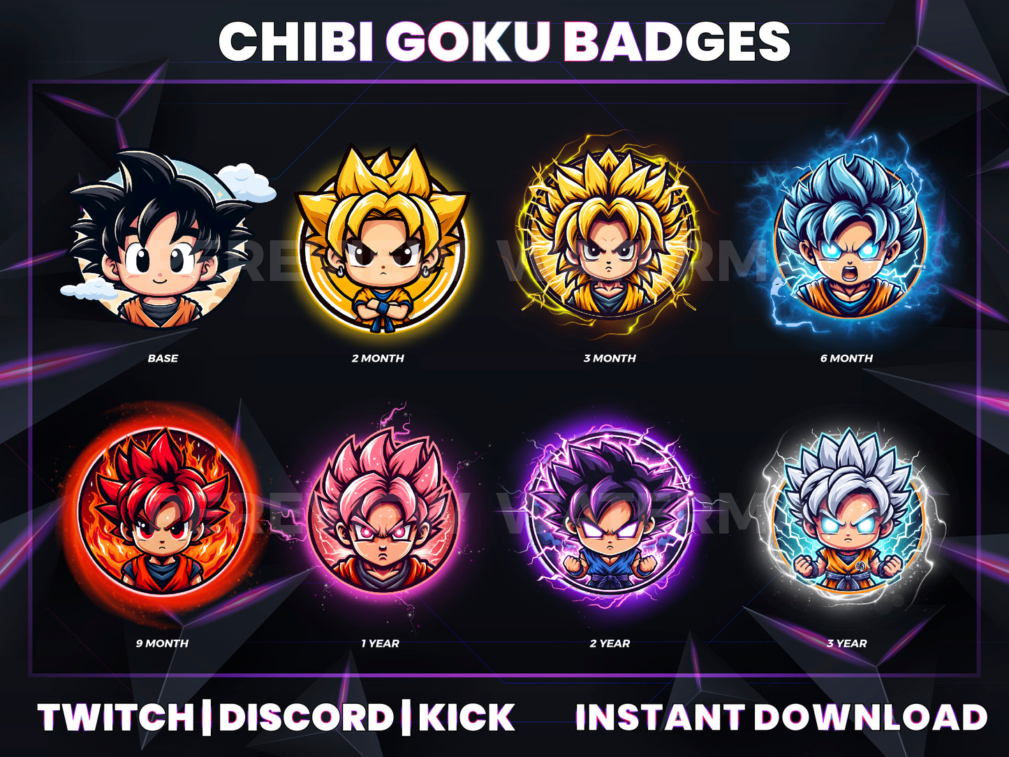 Chibi Goku Evolution Badges – Cute Dragon Ball Twitch/Discord Sub Icons (Base to 3 Years)