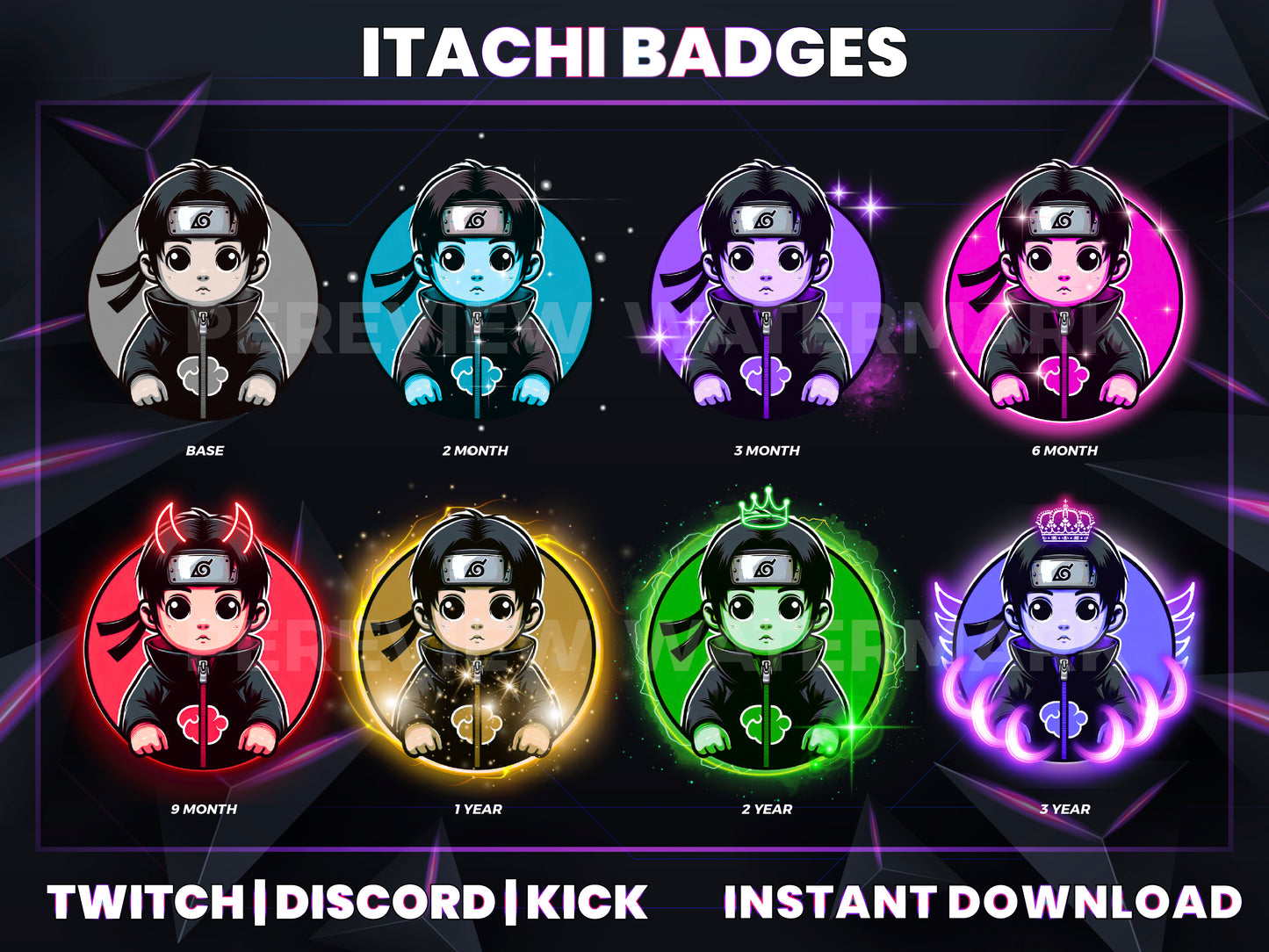Itachi Uchiha Twitch Badges | Base to 3 Year Anime Sub Badges for Streamers (Twitch | Discord | Kick)