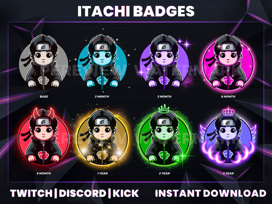 Itachi Uchiha Twitch Badges | Base to 3 Year Anime Sub Badges for Streamers (Twitch | Discord | Kick)