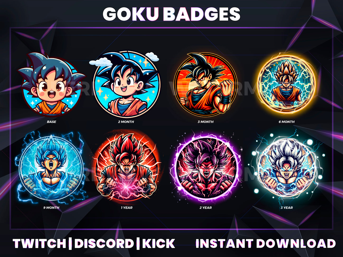 8 Goku Evolution Subscriber Badges – Dragon Ball Twitch/Discord Loyalty Icons (Base to 3 Years)