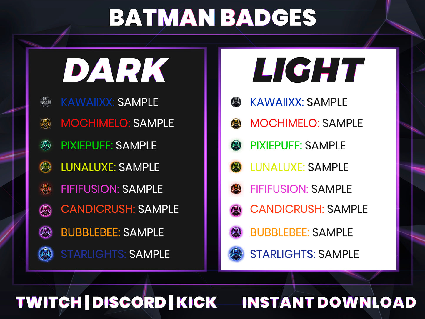 Batman Colorful Stream Badges – 8 Badge Set (Base to 3 Years)