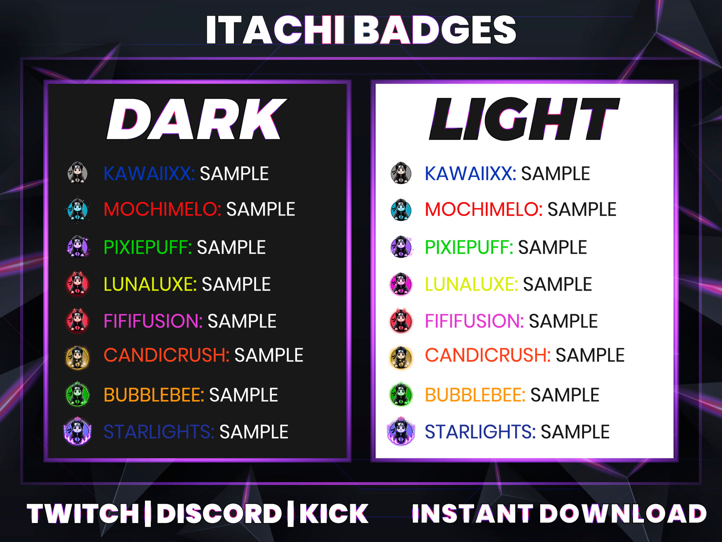 Itachi Uchiha Twitch Badges | Base to 3 Year Anime Sub Badges for Streamers (Twitch | Discord | Kick)