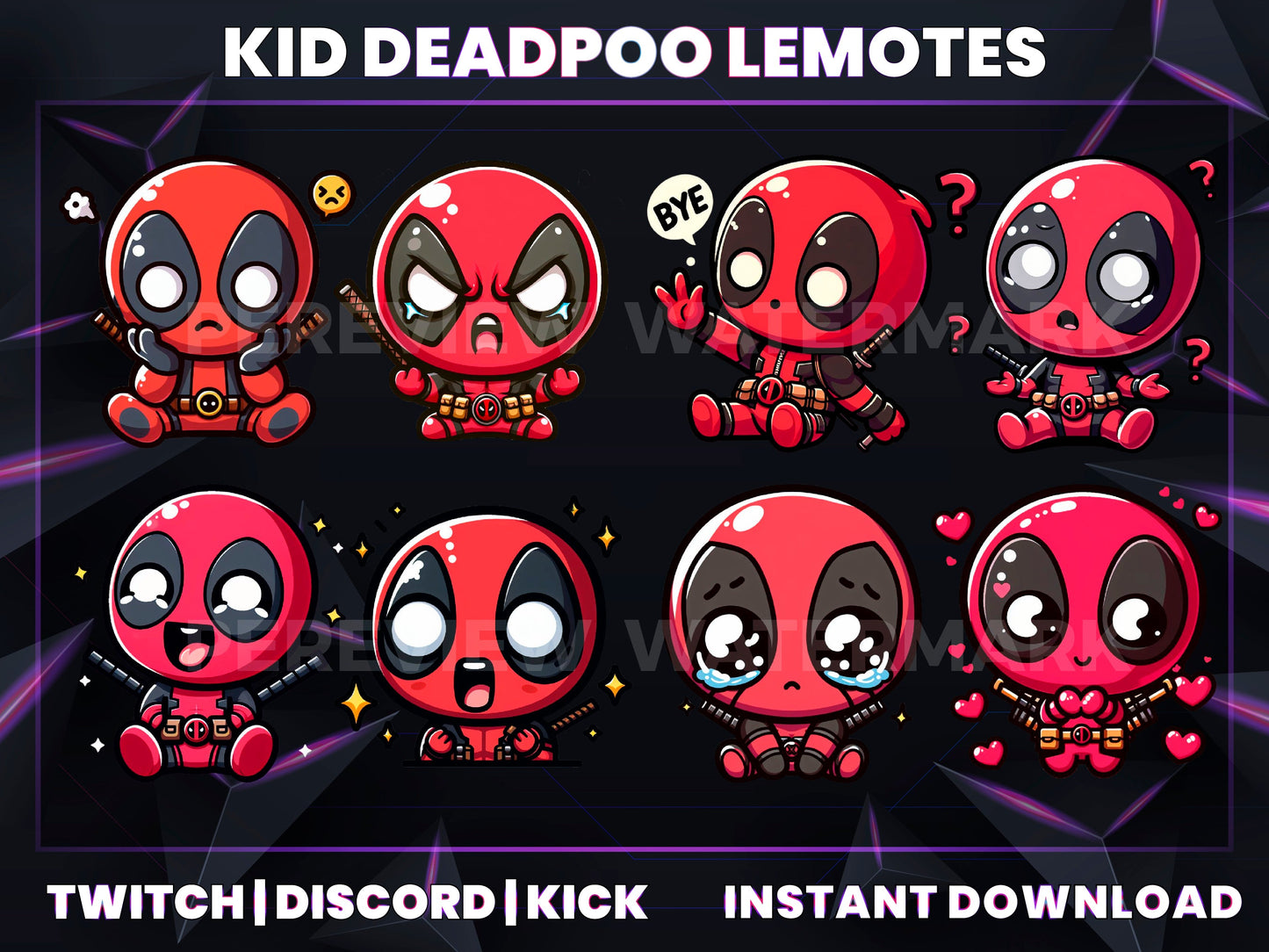 Kid Deadpool 8 Emotes Pack – Cute Marvel-Inspired Twitch & Discord Emotes | Digital Download (28/56/112 px)