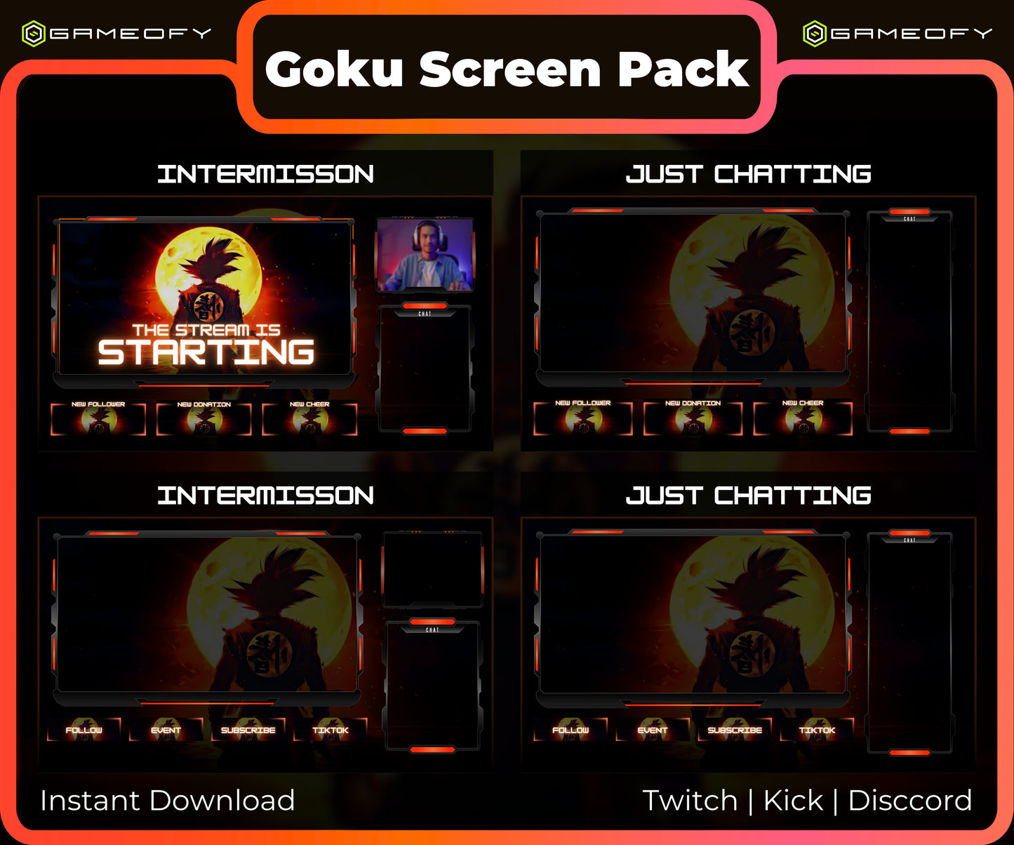 Anime Energy Stream Pack | Animated + Static Twitch Screens | Overlay, Chat Box, Alerts & Panels | Streaming Graphics