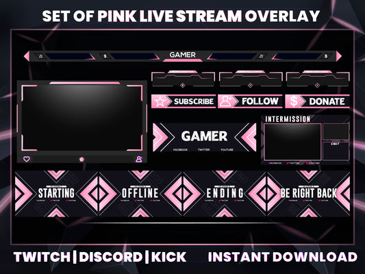 Set of Pink Live Stream Overlay | Cute Twitch, YouTube & Gaming Stream Package