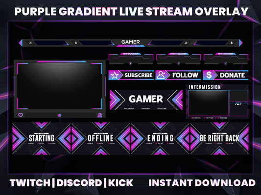 Purple Gradient Live Stream Overlay | Modern Twitch, YouTube & Gaming Stream Package
