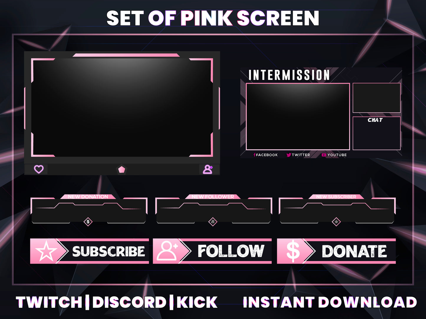 Set of Pink Live Stream Overlay | Cute Twitch, YouTube & Gaming Stream Package