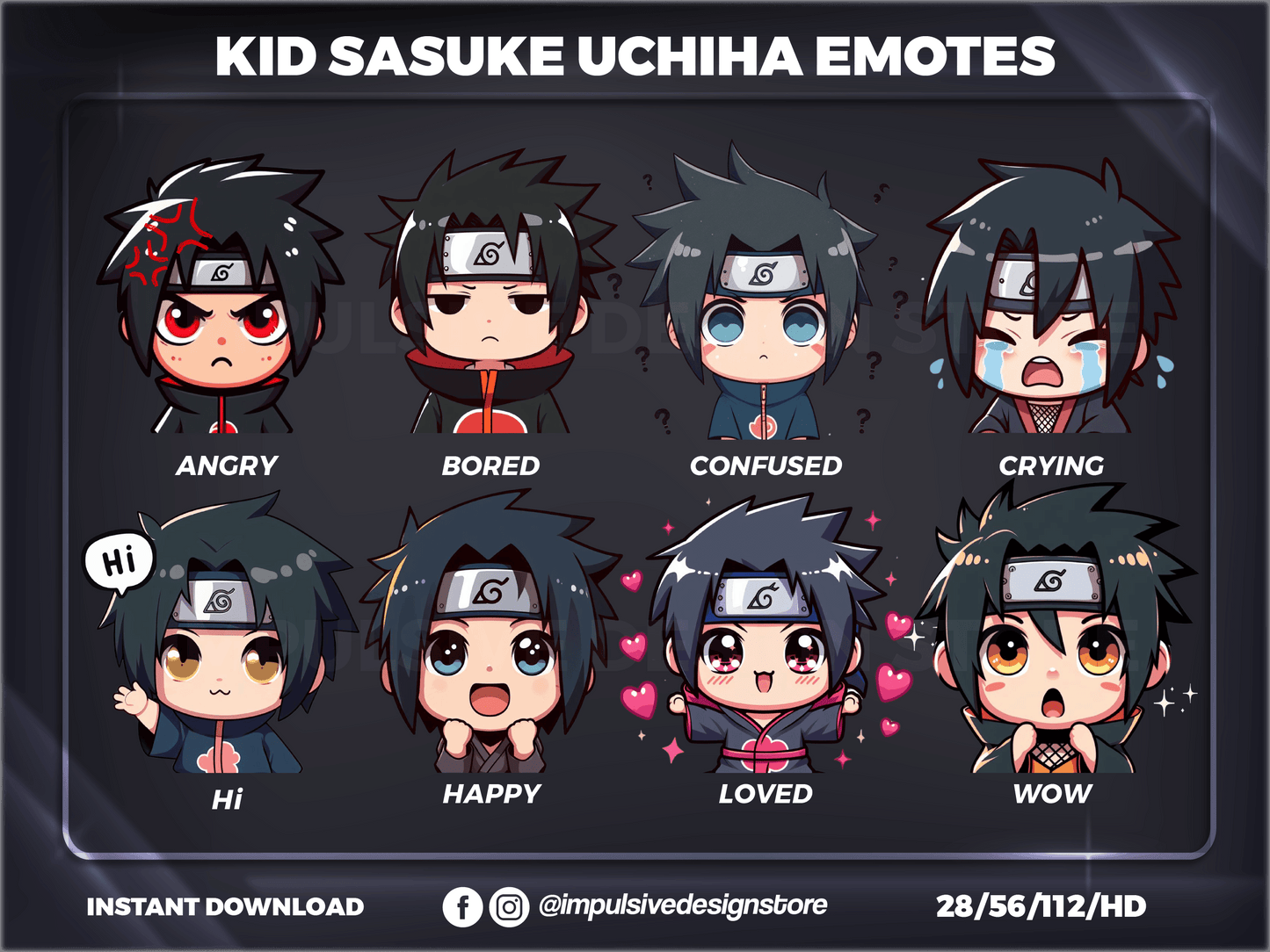 Kid Sasuke Uchiha Emotes Pack – Anime Twitch, Discord & YouTube Emotes | Digital Download (28/56/112 px)