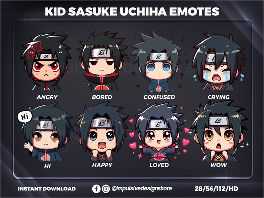 Kid Sasuke Uchiha Emotes Pack – Anime Twitch, Discord & YouTube Emotes | Digital Download (28/56/112 px)